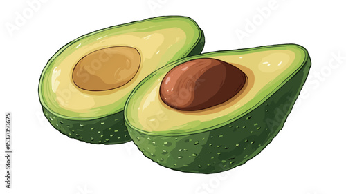A digital illustration depicting a halved avocado.  The avocado is shown with its green skin, pale yellow flesh, and a dark brown pit. The illustration is brightly colored and features a detailed