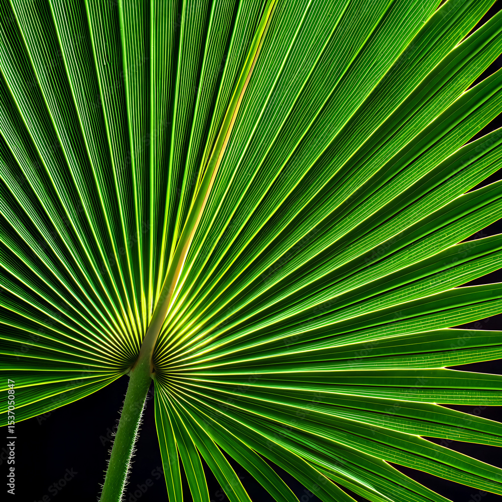 Fototapeta premium Fiji fan palm leaves at 90° showing parallel veins and bifid tips with UV fluorescence, 8K