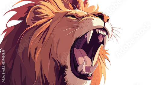 Close-up vector illustration of a lion's head and upper body. The lion is depicted roaring, with its mouth open, showcasing its teeth and tongue.  The style is vector-based, with a stylized, 