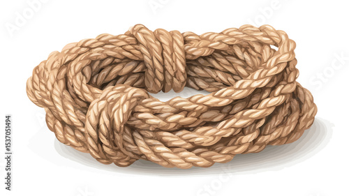 Close-up shot of a coil of light brown hemp rope against a pure white background. The rope is tightly coiled, showing the texture and individual strands of the fibers. The image is sharply focused,