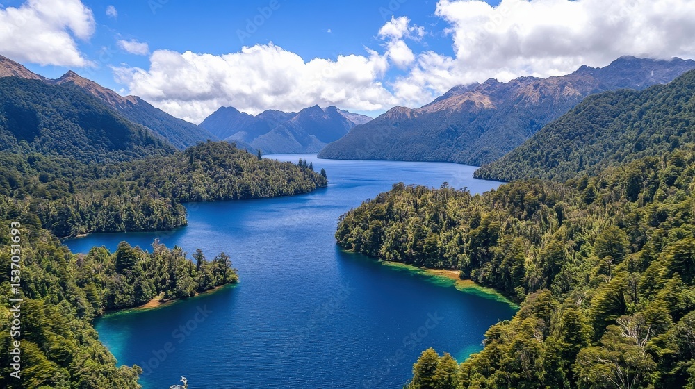 Fototapeta premium Breathtaking Aerial View of a Serene Lake Surrounded by Lush Green Forests and Majestic Mountains Under a Bright Blue Sky with Fluffy White Clouds