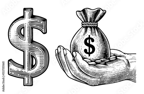 Vector hand presents a bag of money alongside a dollar sign .