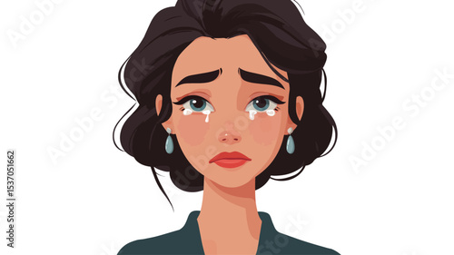 Close-up illustration of a young woman's face.  She has dark brown, shoulder-length hair styled in loose waves. Her expression is one of sadness; tears are streaming down her cheeks. 