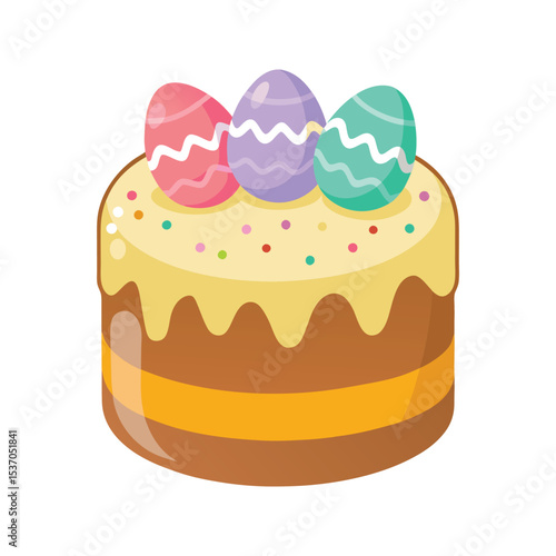 Festive Easter Cake Vector Illustration Pastel Pink Purple Teal Eggs Yellow Icing Brown Cake Sprinkles
