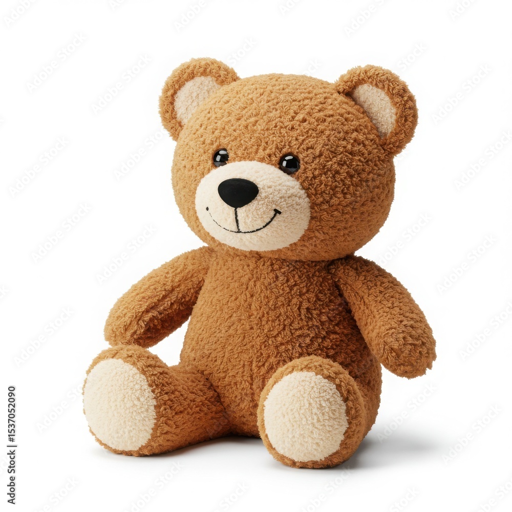Obraz premium Brown teddy bear sitting on a white background. Cute stuffed animal toy for a happy child. Sweet gift for a birthday or holiday celebration.
