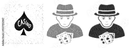 Vector Vintage casino illustrations featuring a spade card and dapper gentlemen with dice.