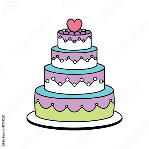 Four Tier Pastel Wedding Cake Vector Illustration Pink Purple Green Teal Heart Decoration Isolated White Background