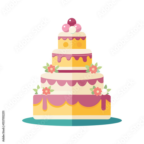 Four Tiered Floral Wedding Cake Yellow Pink Cream Teal Vector Illustration Isolated White Background