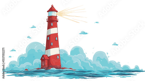 The image is a digital illustration depicting a tall, red and white striped lighthouse standing in the ocean. The lighthouse has a conical roof and emits a bright light beam. 