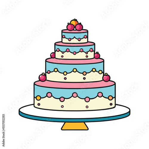 Four Tiered Pastel Wedding Cake Vector Illustration Pink Blue Yellow Cream Decorations Isolated White Background