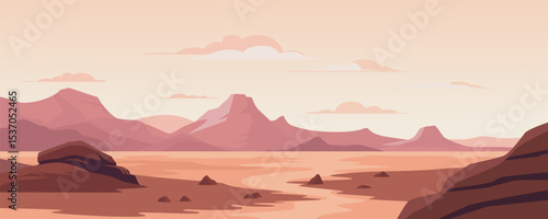 Mountains in the desert. Beautiful landscape of red canyons in the desert area. Wild West. Hot climate. Sandstones. Amazing red mountains. Red desert panoramic vector landscape.