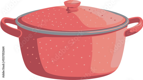 A digital illustration of a red enamel stock pot with a matching lid. The pot is round with two handles and a slightly domed lid with a small knob.  The enamel finish appears to have a speckled or