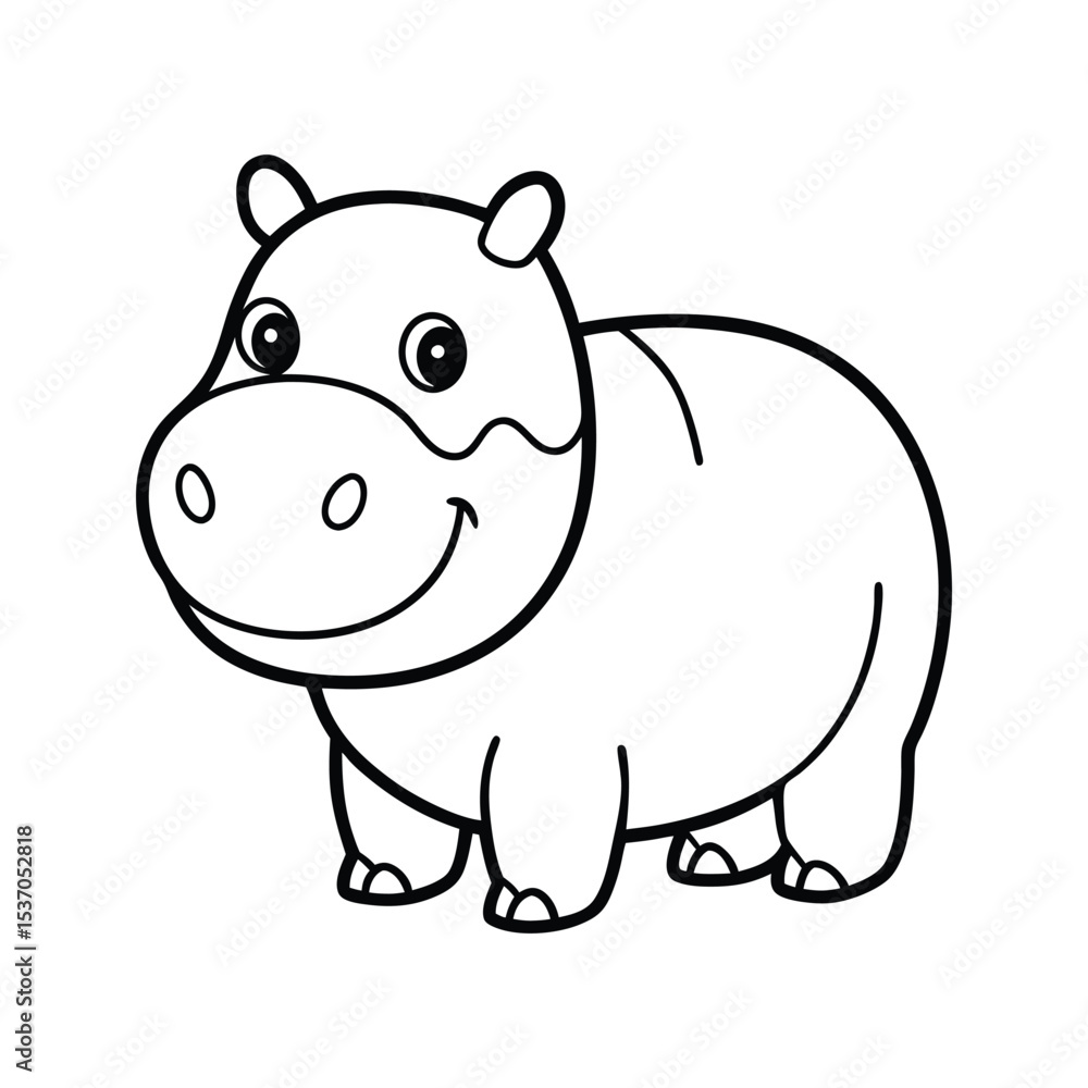 Friendly Cartoon Hippo Outline Silhouette Black White Simple Cute Animal Character Design hippopotamus Friendly Cartoon Hippo Outline Silhouette Black White Simple Cute Animal Character Design hippopotamus