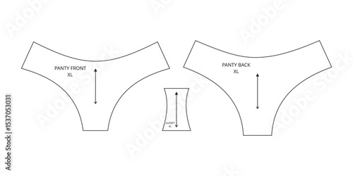 Vector technical drawing of a basic women's panty sewing pattern, including front, back, and gusset pieces in size XL. Ideal for lingerie designers, fashion students, and sewing professionals.