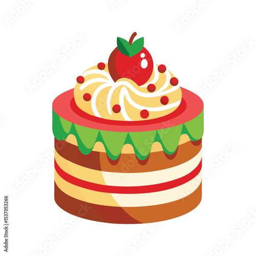 Layered Round Cake Vector Illustration Red Green Yellow Brown Cream Topping Red Apple Garnish Isolated White Background