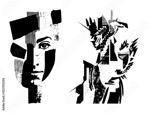 Vector Abstract portrait of faces composed of geometric shapes and lines.