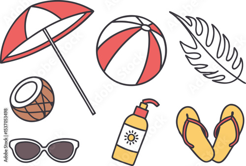Summer Beach Icons Set Collection. Minimal Colorful Summer Beach Elements. Clean Summer Holiday Icons Set. Smooth Summer Set. Flat Summer Symbols Illustration Pack