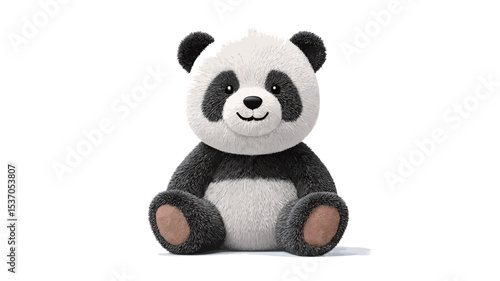 A full shot of a plush panda toy sitting against a plain white background.  The panda is predominantly white with black markings around its eyes, ears and body. It has a simplified, cartoonish