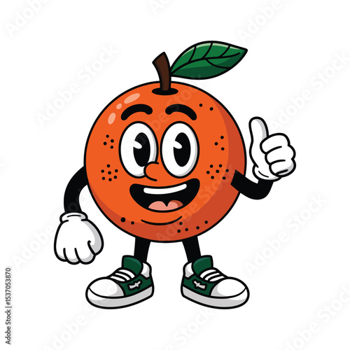 A cheerful cartoon orange character with big, expressive eyes smiling widely Orange has two legs and two arms