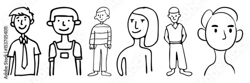 Vector Diverse group of cartoon people illustrations in a linear style.