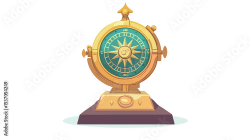 A digital illustration of an ornate golden compass award trophy. The trophy is circular with a teal center featuring a sun-like design and text. It is mounted on a golden base and a dark maroon