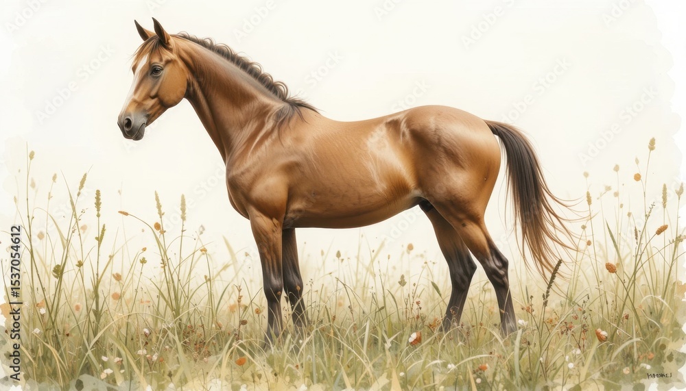 Fototapeta premium Brown Horse Standing Gracefully in a Field of Tall Grass With Soft Texture in the Background