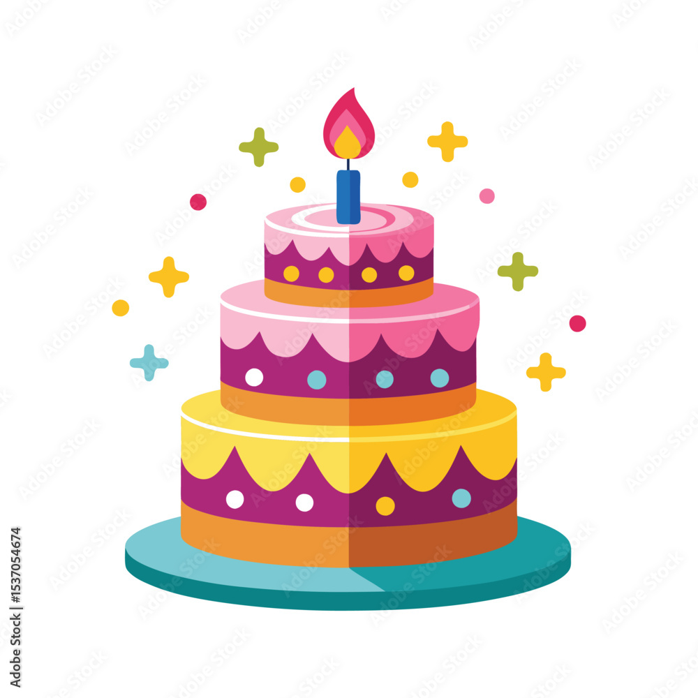 Three Tiered Anniversary Cake Vector Illustration Pink Purple Yellow Orange Teal Candle Festive Decor White Background Three Tiered Anniversary Cake Vector Illustration Pink Purple Yellow Orange Teal Candle Festive Decor White Background