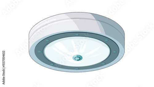 A digital illustration of a modern, round ceiling light fixture. The fixture is primarily white with a teal/aqua colored inner ring surrounding a central light source. The light appears to emit