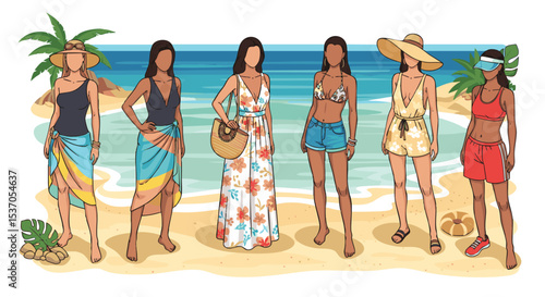 Summer Beach Fashion Vector illustration Pack png Diverse Women in Stylish Swimwear, Sarongs, and Summer Dresses