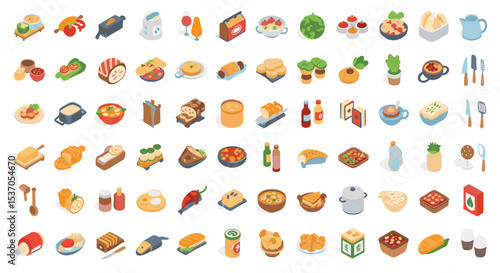 Isometric Colorful Food Icons Vector illustration Pack png Delicious Dishes, Drinks, and Culinary Ingredients Set
