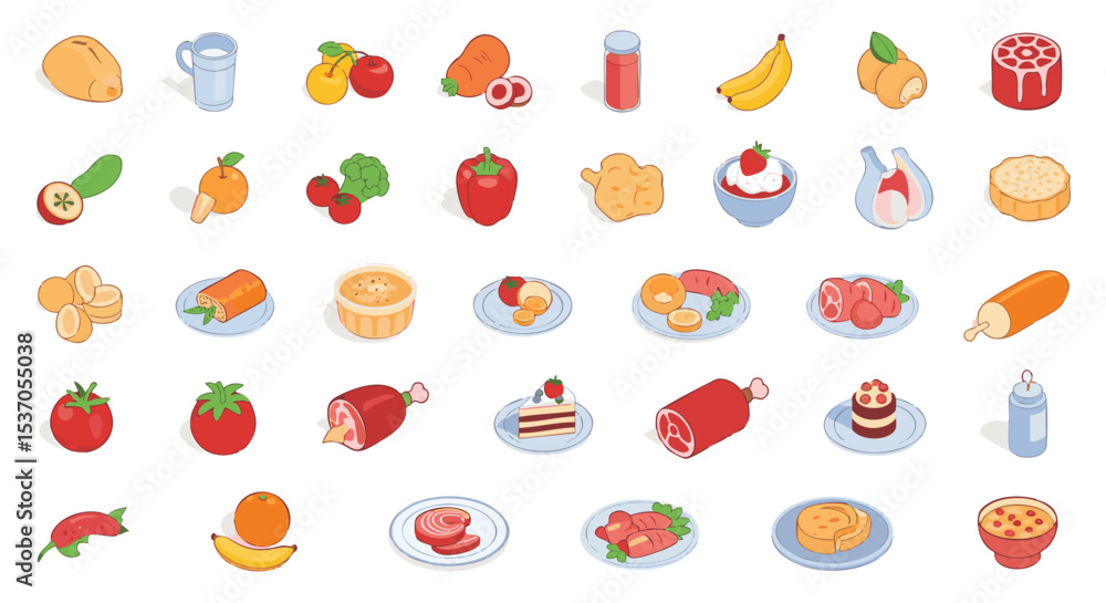 Naklejka premium Vibrant Isometric Food Illustrations Vector illustration Pack png Fresh Produce, Baked Goods, and Meats