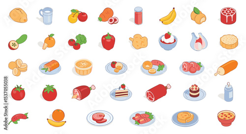 Vibrant Isometric Food Illustrations Vector illustration Pack png Fresh Produce, Baked Goods, and Meats