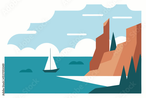 Sailboat on Teal Sea with Sandstone Cliffs and Evergreen Trees Illustration