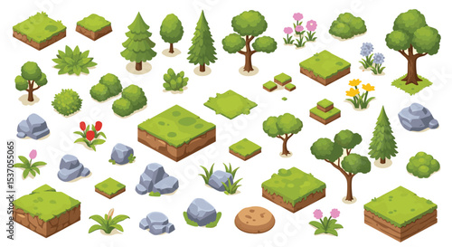 Isometric Game Assets Vector illustration Pack png Lush Green Grass, Brown Earth, Gray Rocks, Varied Trees, and Colorful Flowers
