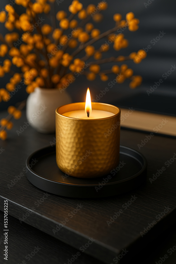 Golden candle glows softly near yellow flowers a tr Golden candle glows softly near yellow flowers a tr