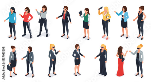 Isometric Diverse Women in Business Attire, Stylish Outfits, and Modern Professional Fashion