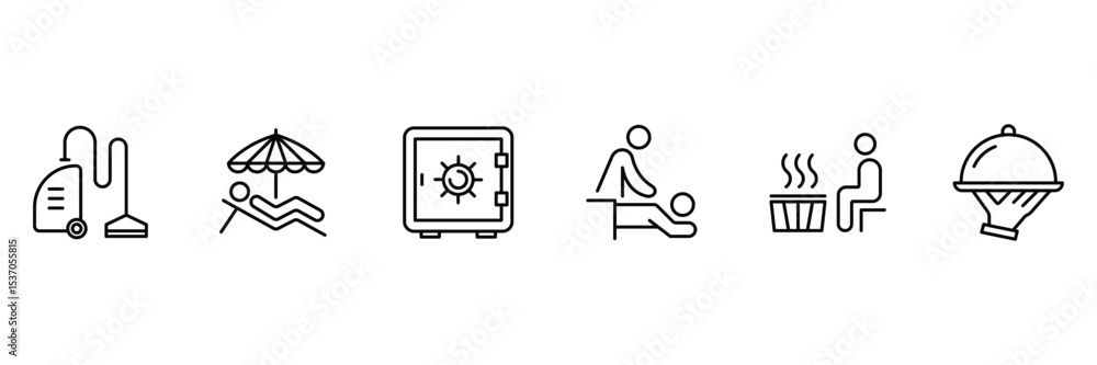 Hotel comfort and luxury service icon set with cleaning relaxation spa security massage sauna dining beach leisure in outline. Hotel comfort and luxury service icon set with cleaning relaxation spa security massage sauna dining beach leisure in outline.