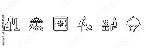 Hotel comfort and luxury service icon set with cleaning relaxation spa security massage sauna dining beach leisure in outline.