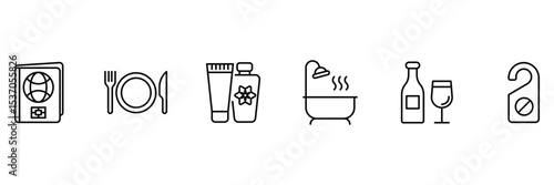 Hotel amenities and services icon set with passport dining toiletries bath beverage wine privacy sign in outline vector illustration.