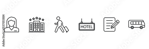 Hotel reservation and reception icon set with check-in booking transport concierge guest service stay travel hospitality outline.