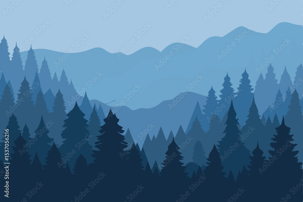 Fototapeta premium Blue Forest Silhouette Illustration Serene Landscape with Evergreen Trees and Distant Mountains