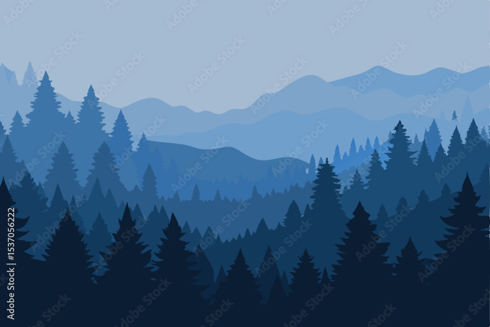 Fototapeta premium Blue Forest Silhouette with Mountain Backdrop Minimalist Nature Illustration