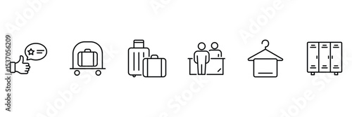 Hotel luggage bell service reception counter wardrobe feedback towel rack locker storage icon set for travel and accommodation design.
