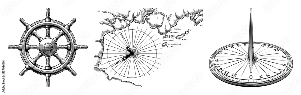 Obraz premium Vector Nautical elements including ship wheel compass and vintage map .
