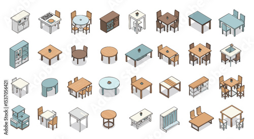 Isometric Illustrations of Diverse Dining Tables, Kitchen Furniture, and Room Decor