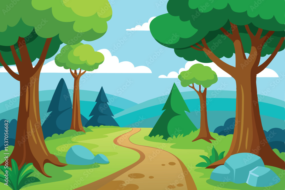 Obraz premium Cartoon Forest Path with Trees, Hills and Sky Illustration with Rocks and Greens