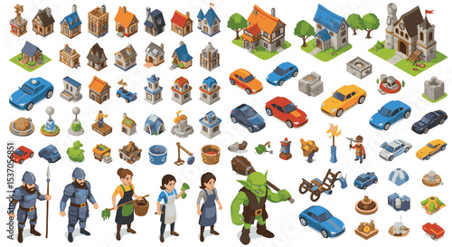 Isometric Fantasy Village Assets Vector illustration Pack png Medieval Houses, Vehicles, Characters, and Objects Collection