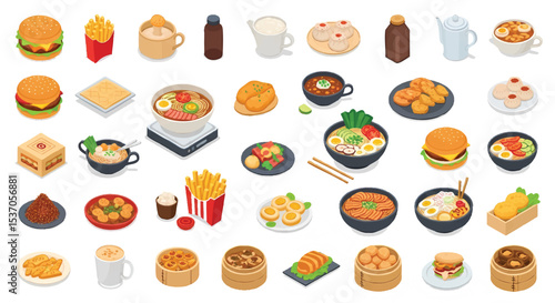  Isometric Icon Set of Popular Asian Food and Dishes