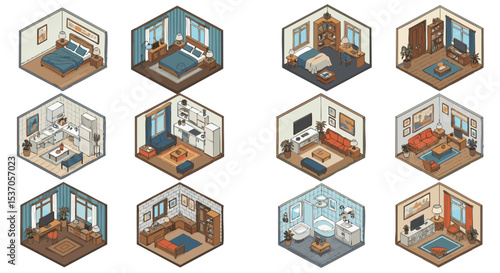 Isometric Illustration of Cozy and Modern Room Interiors Vector illustration Pack png Bedrooms, Living Rooms, Kitchens, and Bathrooms
