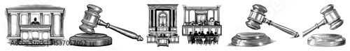 Vector Vintage legal illustrations depict courtrooms and judicial gavels.